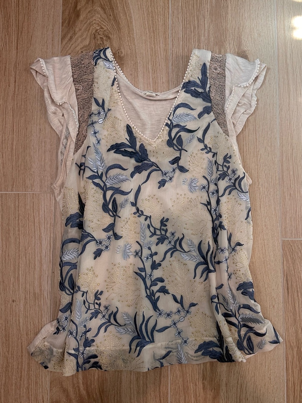 Anthropology Florals Embroidered V-Neck Layered Women's Top - Cream & Navy